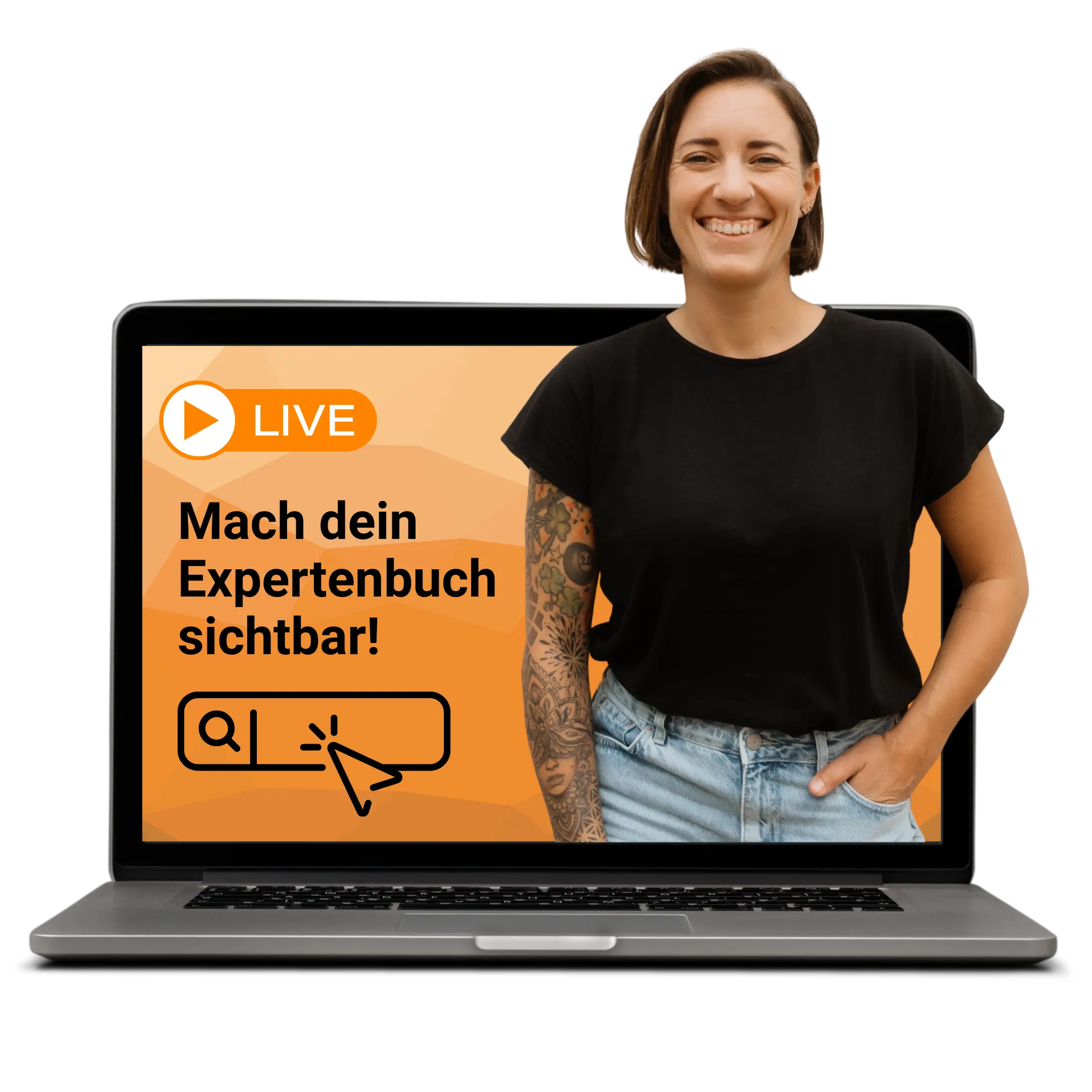 Heike Paschke Amazon Buchmarketing Expertin steht vor Laptop in dem der Buch-Launch Workshop Titel steht, Mach dein Expertenbuch sichtbar